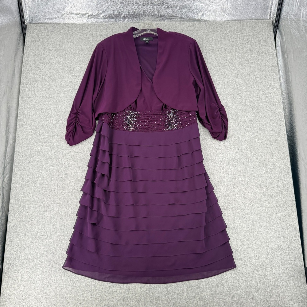 SL Fashions Dress Set 18W Purple Beaded Waist Tiered Ruffle Bolero Jacket 2Piece
